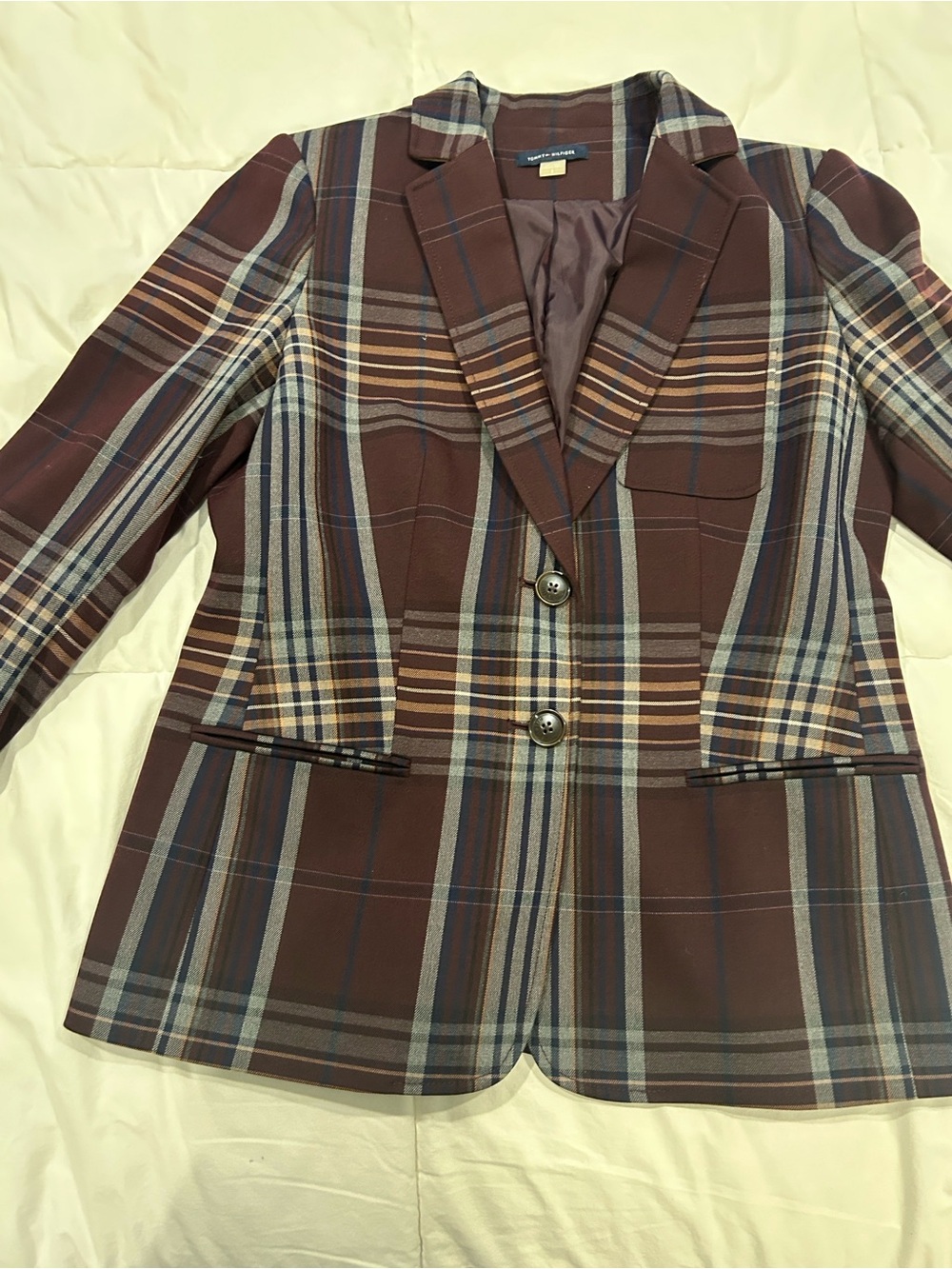 Tommy Hilfiger Brown Plaid Single-Breasted Blazer with elbow patches
